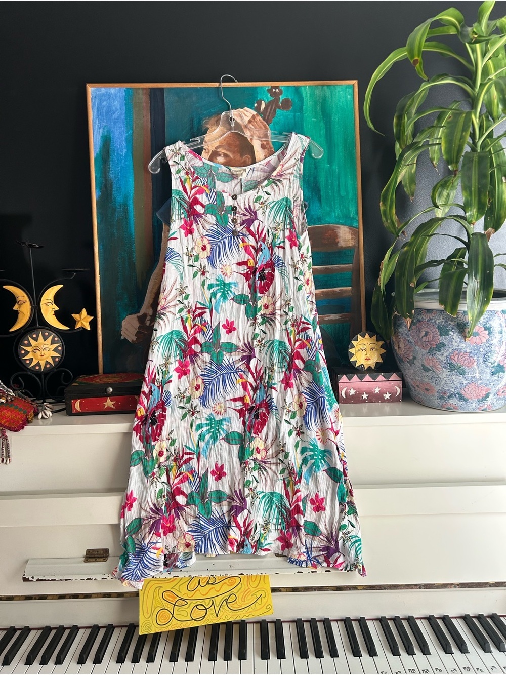 Water Lily Tropical Floral Rayon Sleeveless Swing Dress Women’s Large Boho Midi